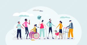 Colorful drawing of seven people with various disabilities enjoying their day together.